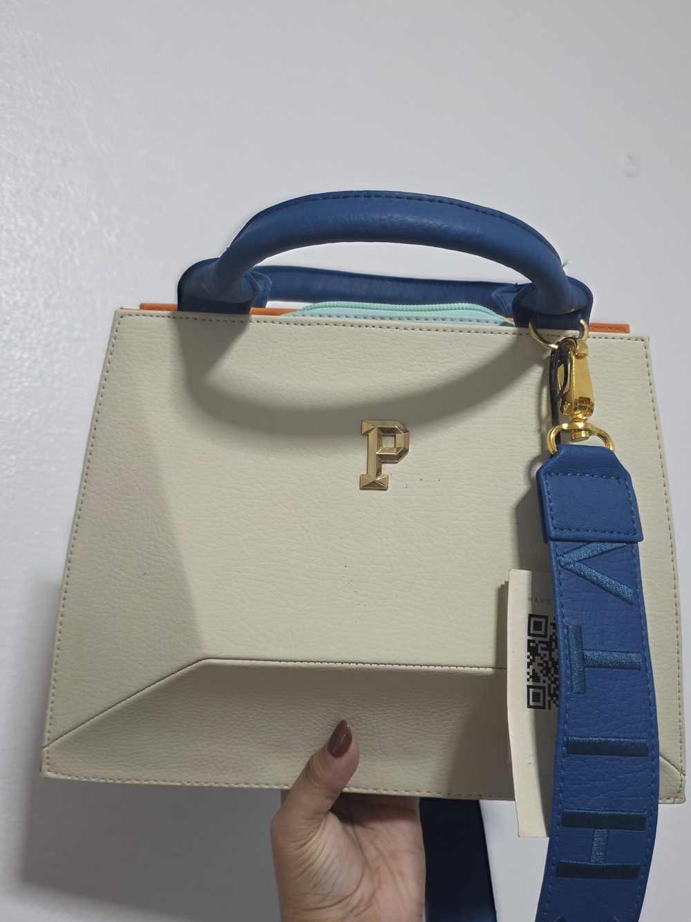 Cream Satchel with Blue Handle and Strap